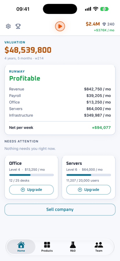 The home screen showing a company valued at $48,539,800 with a profitable runway breakdown.