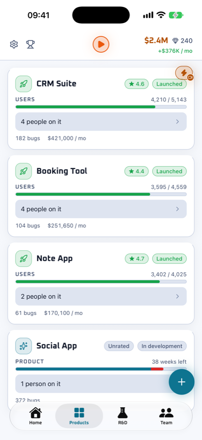 The products screen showing a product in development with its line count and bug count.